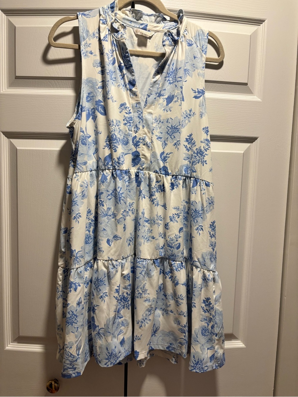 MAHI GOLD Cream and Blue Floral Tiered Sleeveless Dress